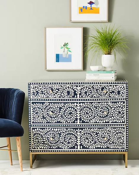 Wallpaper Bone Inlay 3 Drawer Chest in Teal