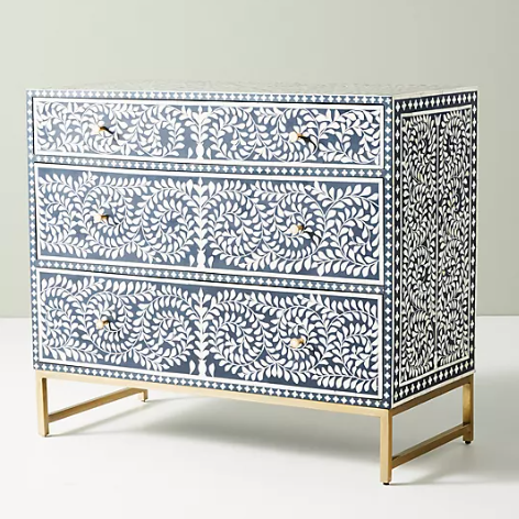 Wallpaper Bone Inlay 3 Drawer Chest in Teal