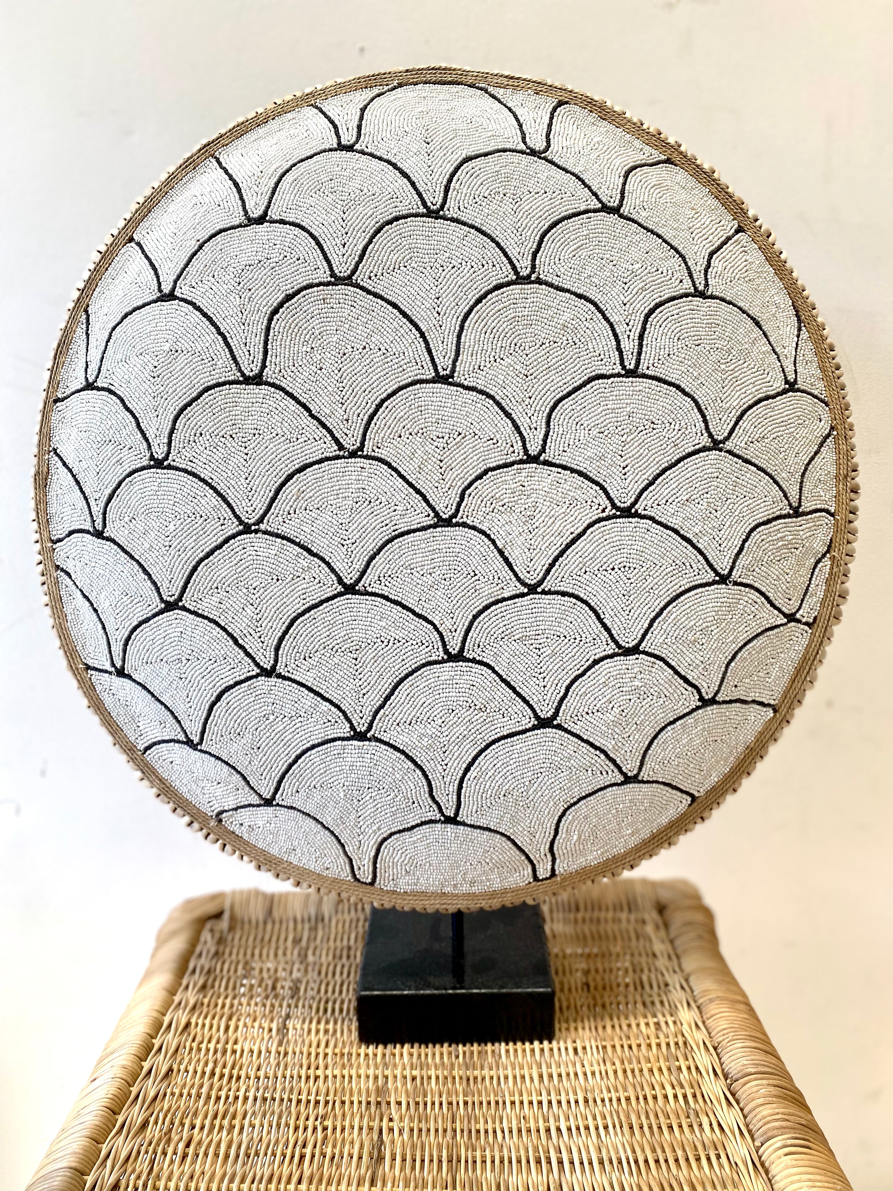 Shield Beaded Fan in White