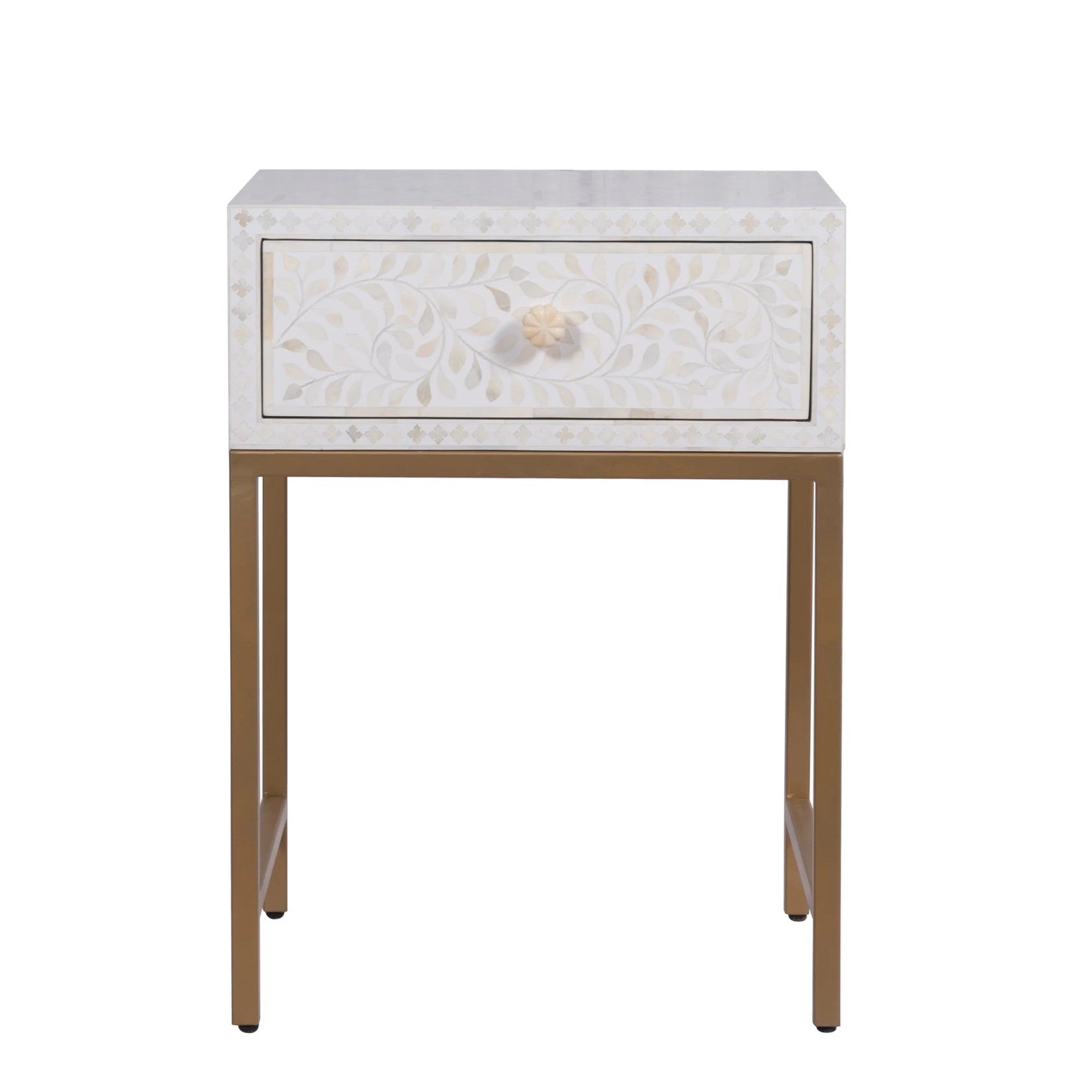 Bone Inlay Lori Bedside Table with Brass Legs in White
