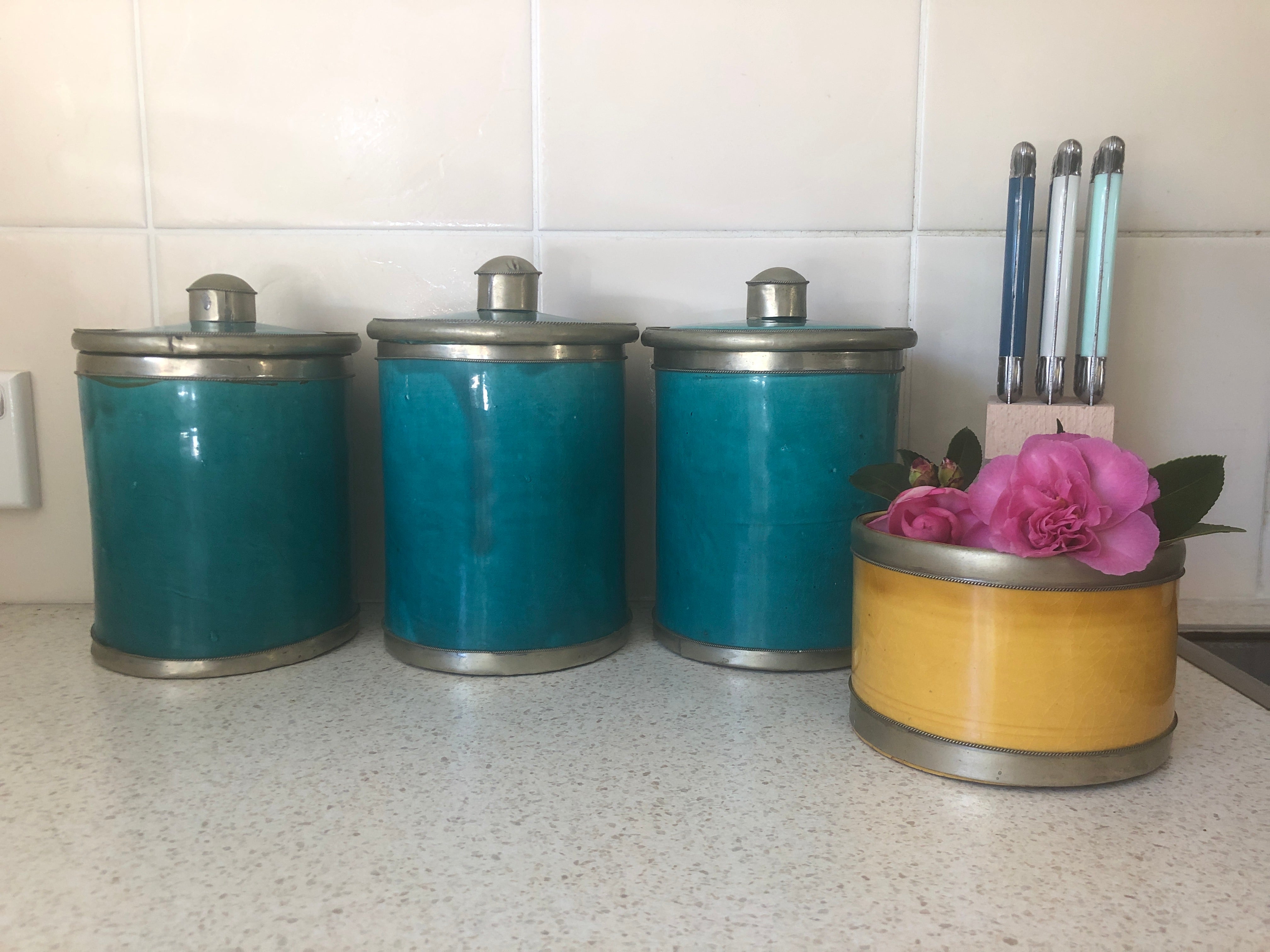 Vintage Moroccan Ceramic Cannister in Teal