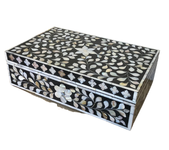 Mother of Pearl Inlay Large Box in Floral/Pebble Grey