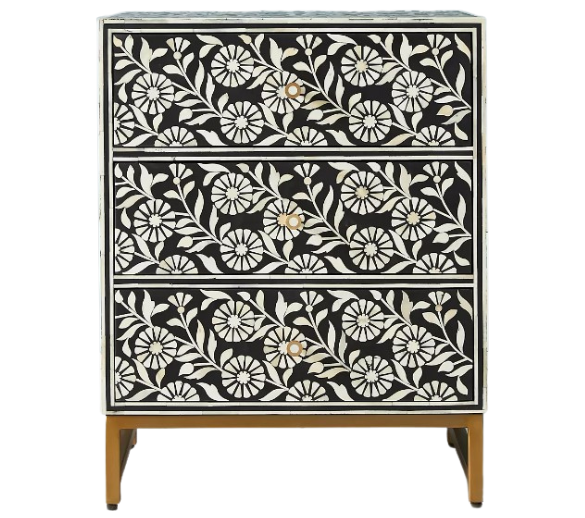 Bone Inlay Dahlia Bedside Chest with 3 Drawers in Teal