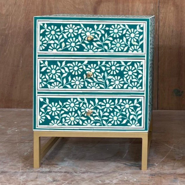 Bone Inlay 3 Drawer Bedside Chest in Slate