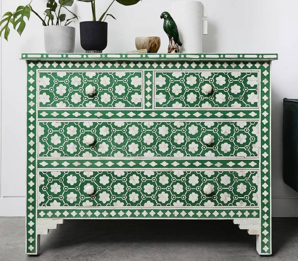Mother of Pearl Inlay Lori Bedside Table with Brass Legs in White