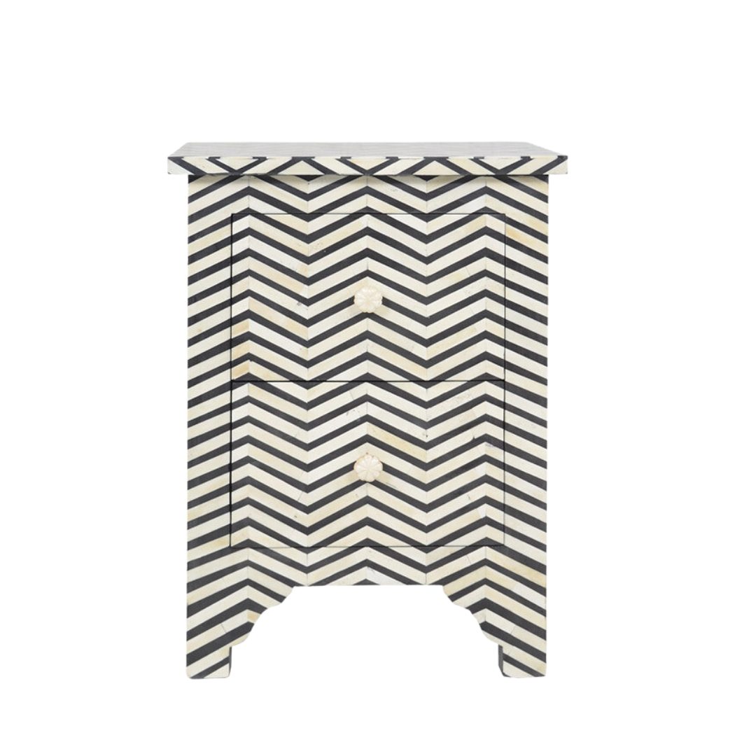 Bone Inlay Small 2 Drawer Bedside Chest in Chevron Blue