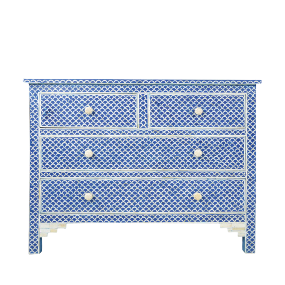 Bone Inlay 4 Drawer Chest in Fishscale/Blue