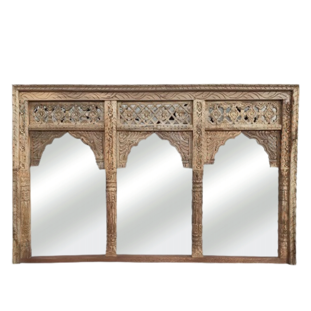 Carved Indian Triple Jarokha Mirror