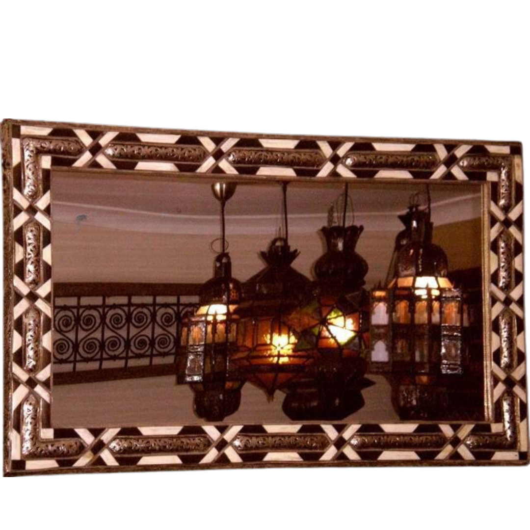 Traditional Moroccan Mirror with Orange Wood & Bone Inlay & Metalwork