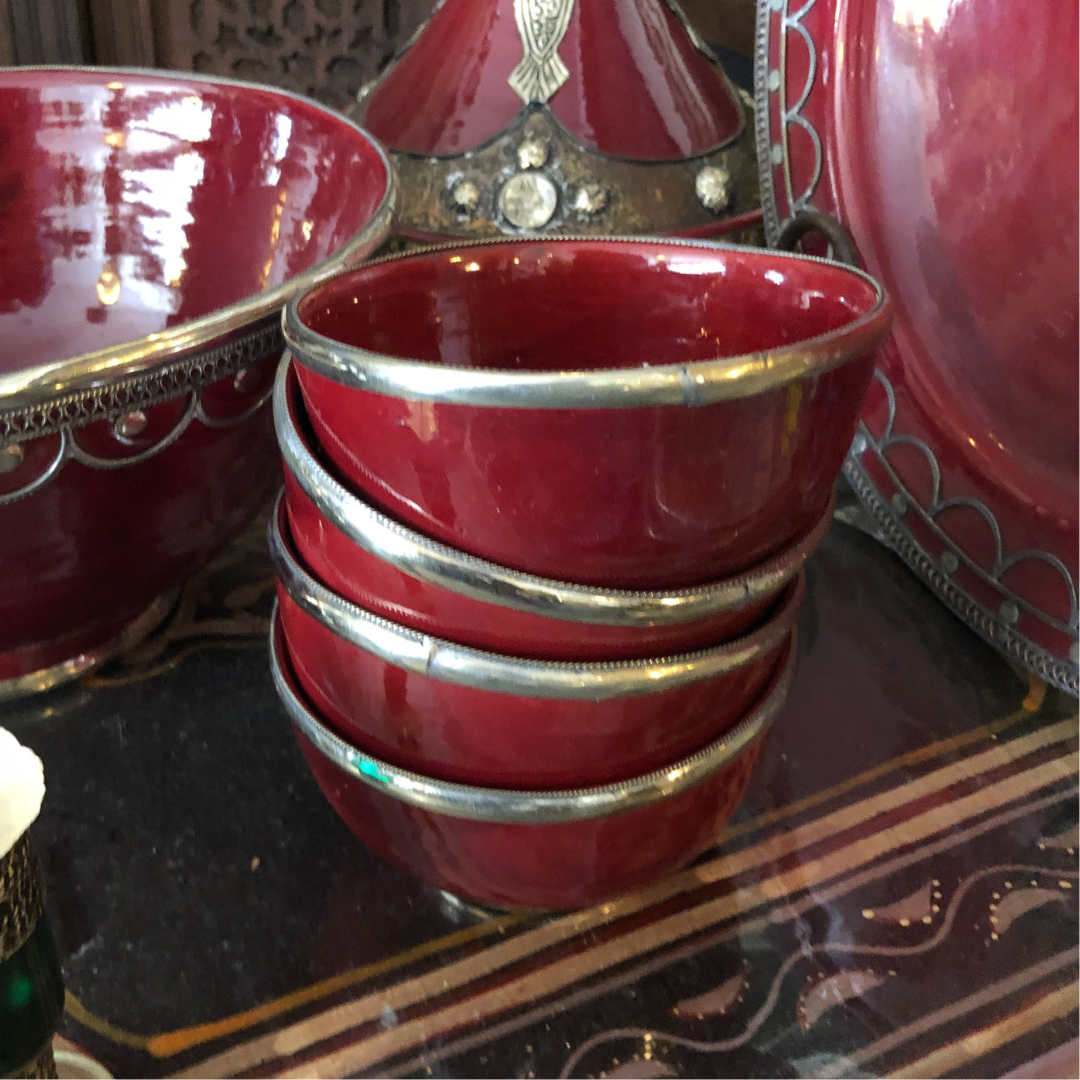 Fez Bowl with Silver Edging in Red - Set of 2
