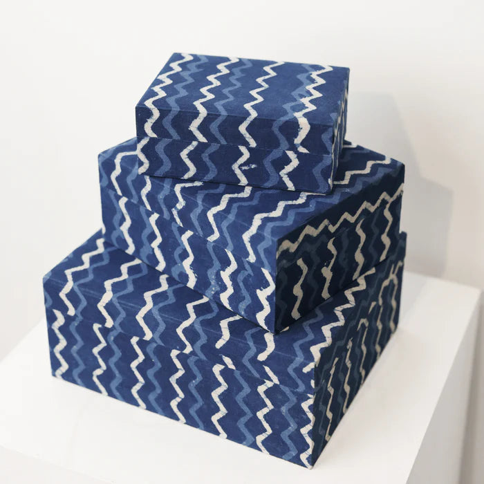 Ikat Fabric Box - Set of 3 - in  Blue