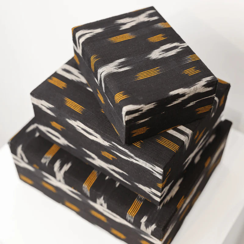 Ikat Fabric Box - Set of 3 - in Black & Brown