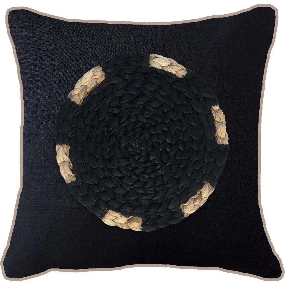 Africana Place Mat Raffia Cushion in Black