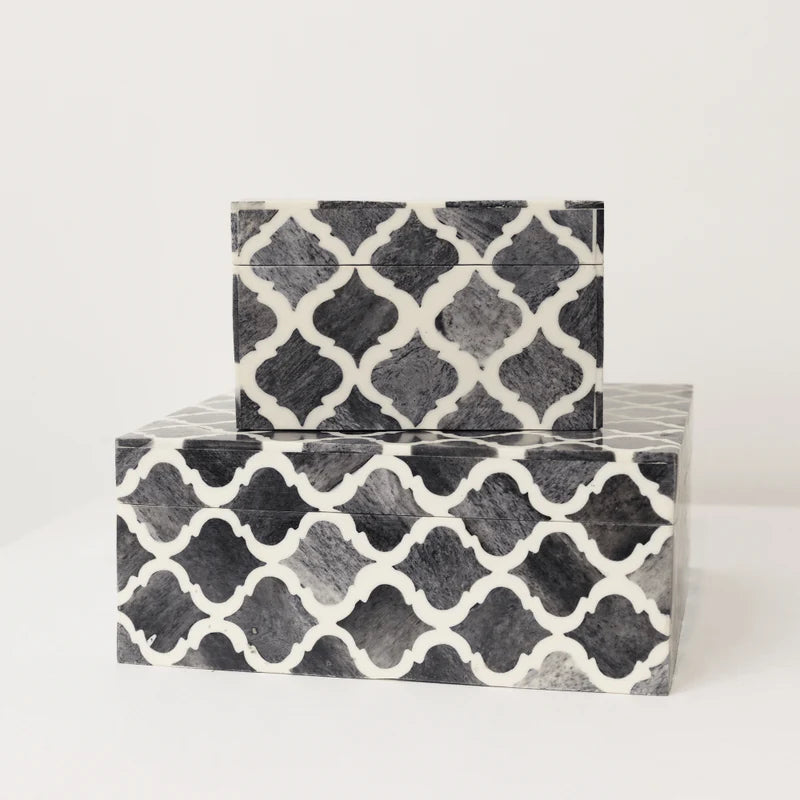 Bone Inlay Box in Charcoal Raj Quatrefoil