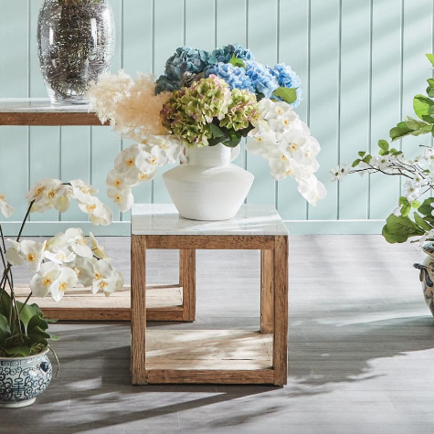 Denver Marble & Timber Rectangular Side Table in White