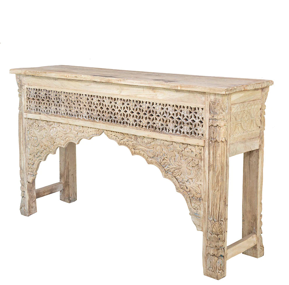 Hand Carved Timber Cut-Out Desk in White - Damaged Warehouse Sale