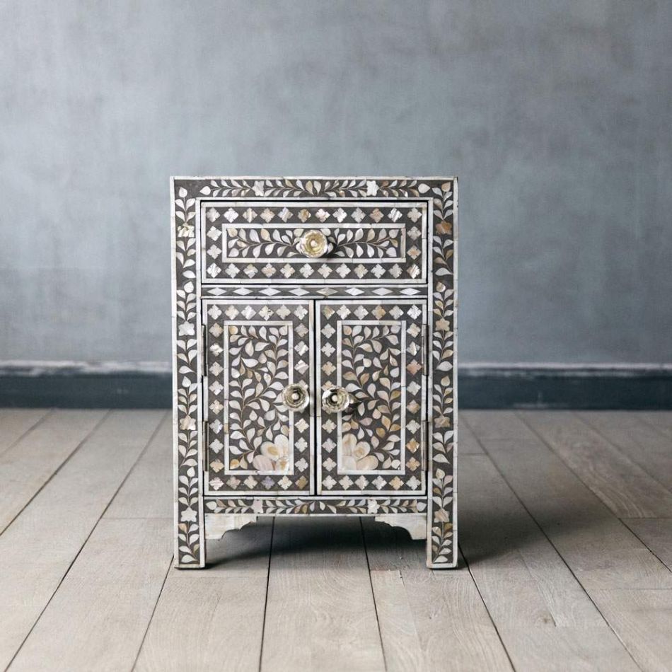 Mother of Pearl Inlay Bedside Cabinet in Grey