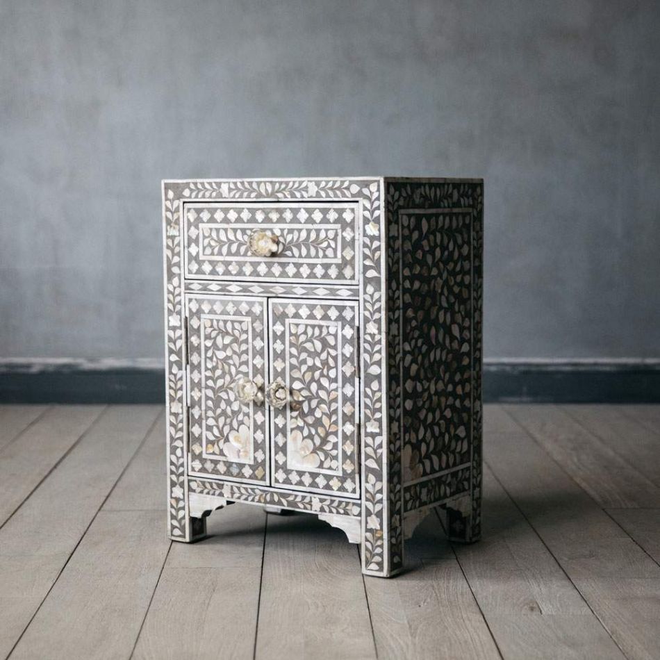 Mother of Pearl Inlay Bedside Cabinet in Grey