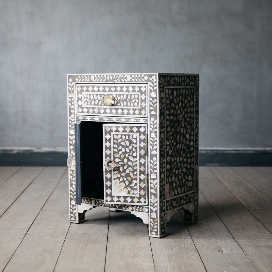 Mother of Pearl Inlay Bedside Cabinet in Grey