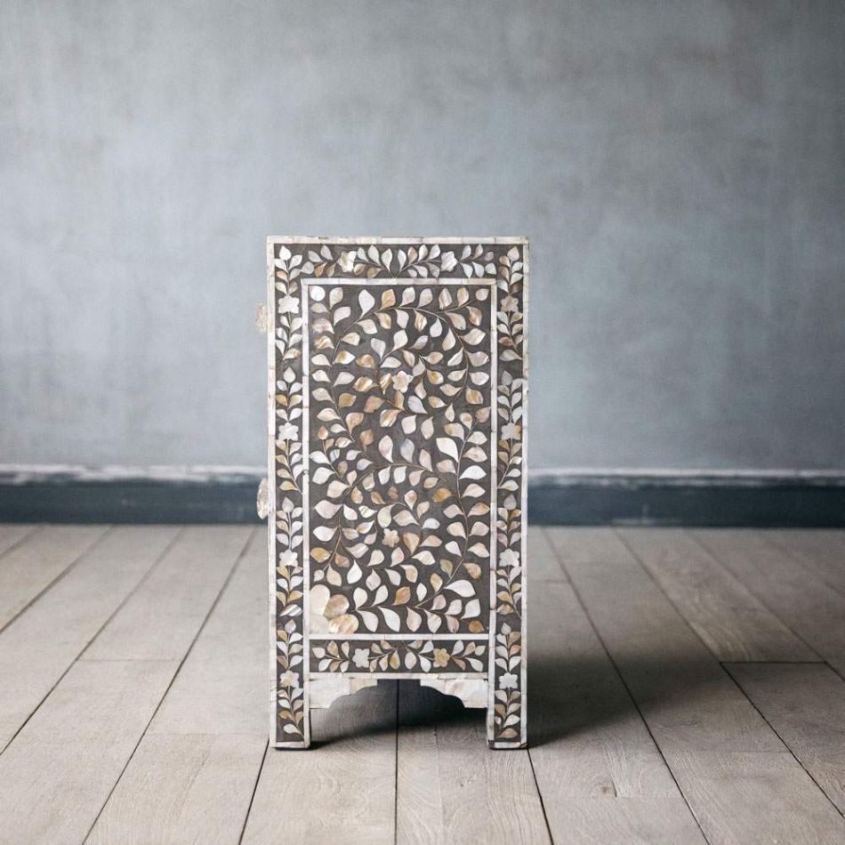 Mother of Pearl Inlay Bedside Cabinet in Grey