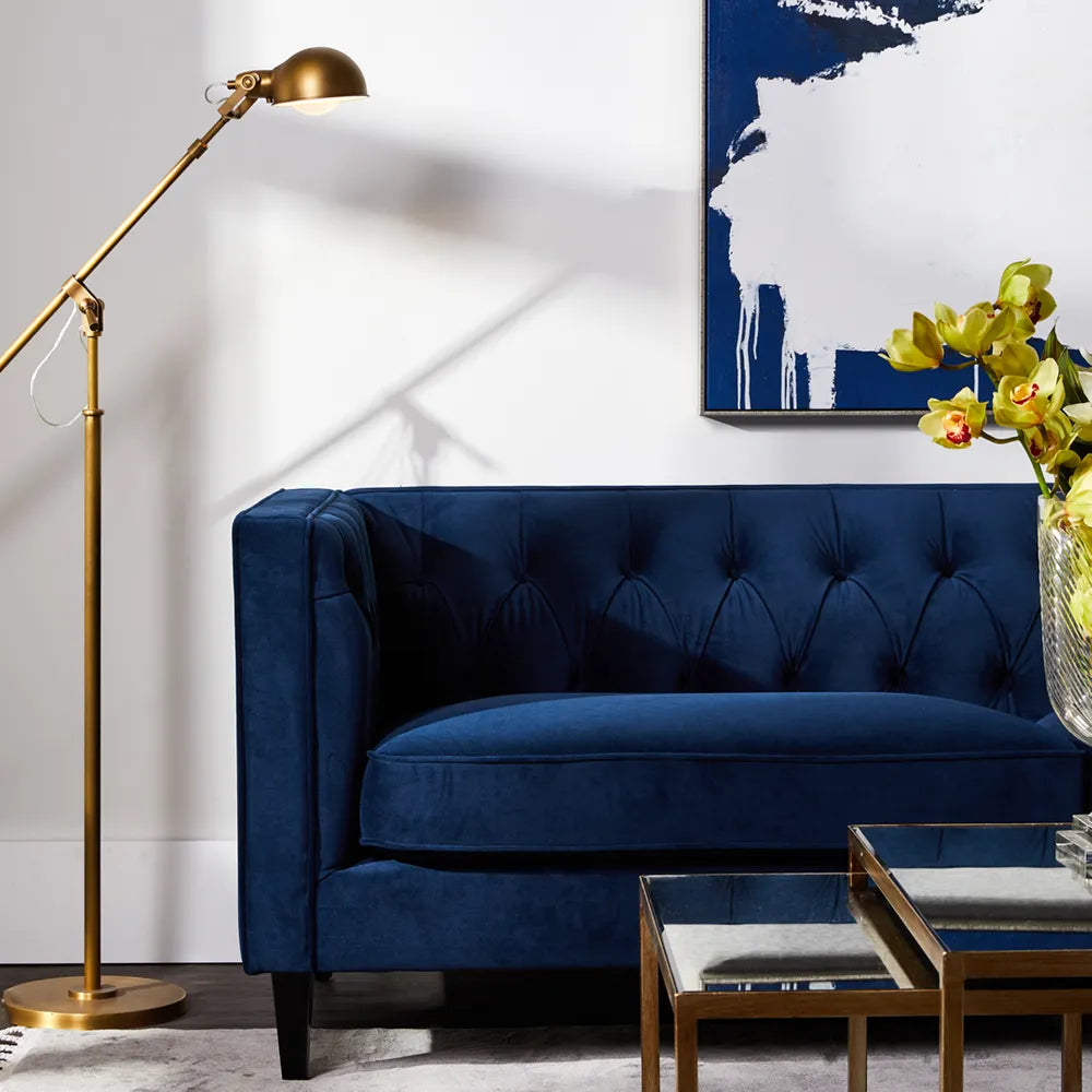 Tuxedo Button Tufted 3 Seater Sofa in Navy Velvet