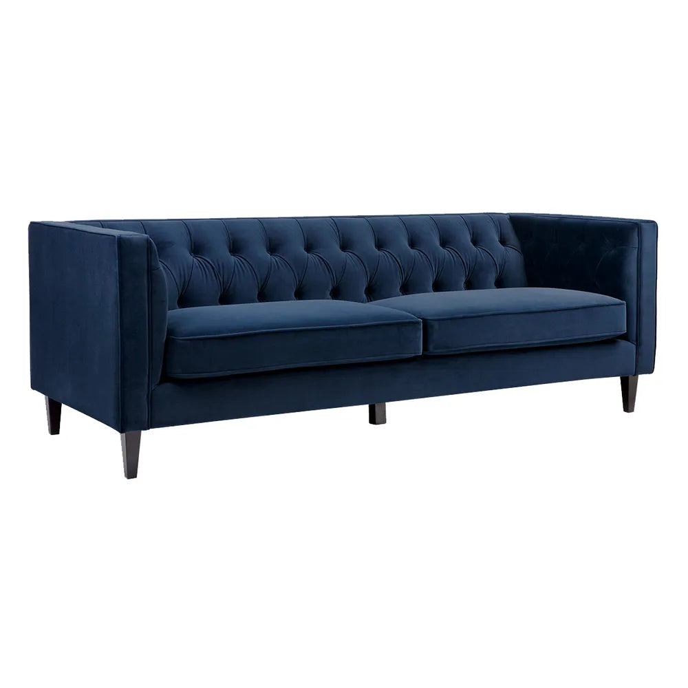 Tuxedo Button Tufted 3 Seater Sofa in Navy Velvet