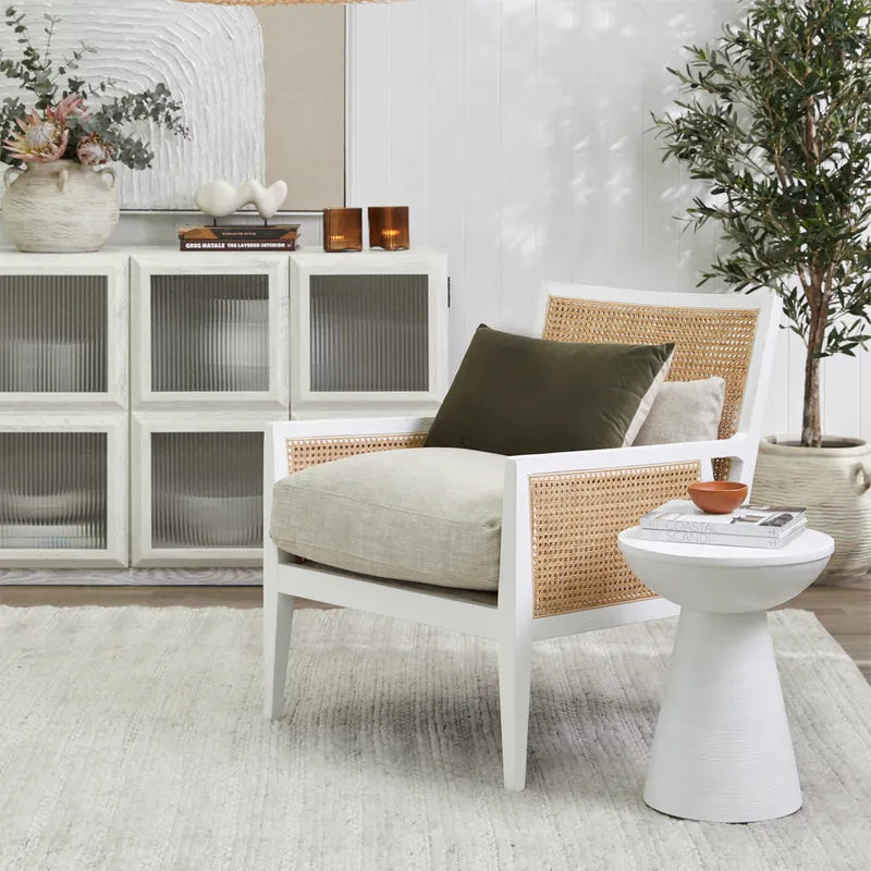 Kane White Rattan Arm Chair in Natural Linen