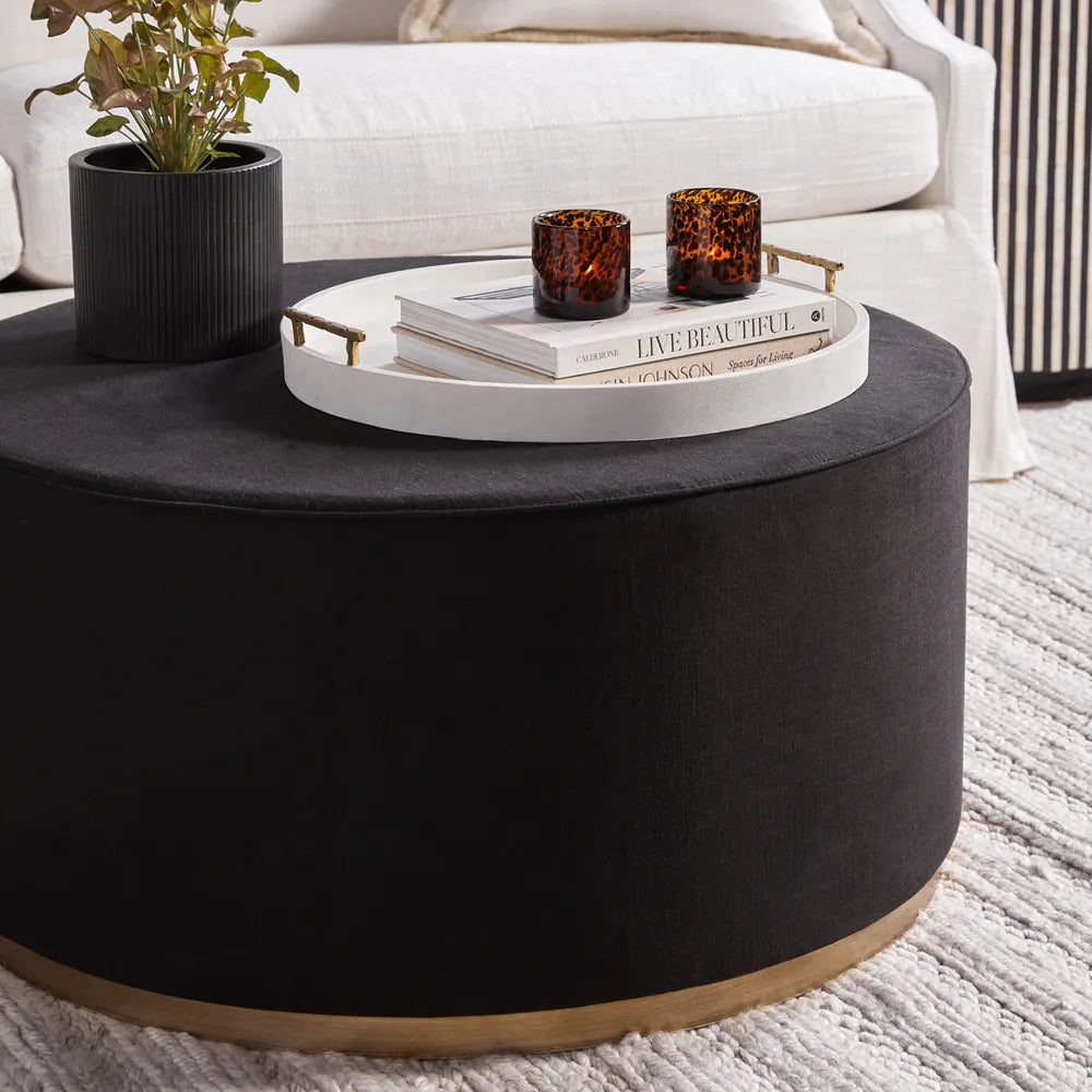 Ames Round Ottoman in Black Linen