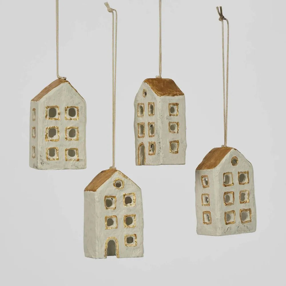 Mache House Hanging Ornament (Set of 4)