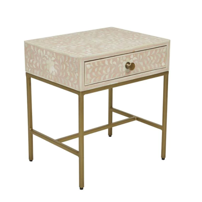 Bone Inlay Lorelle Bedside Table with Brass Legs in Blush