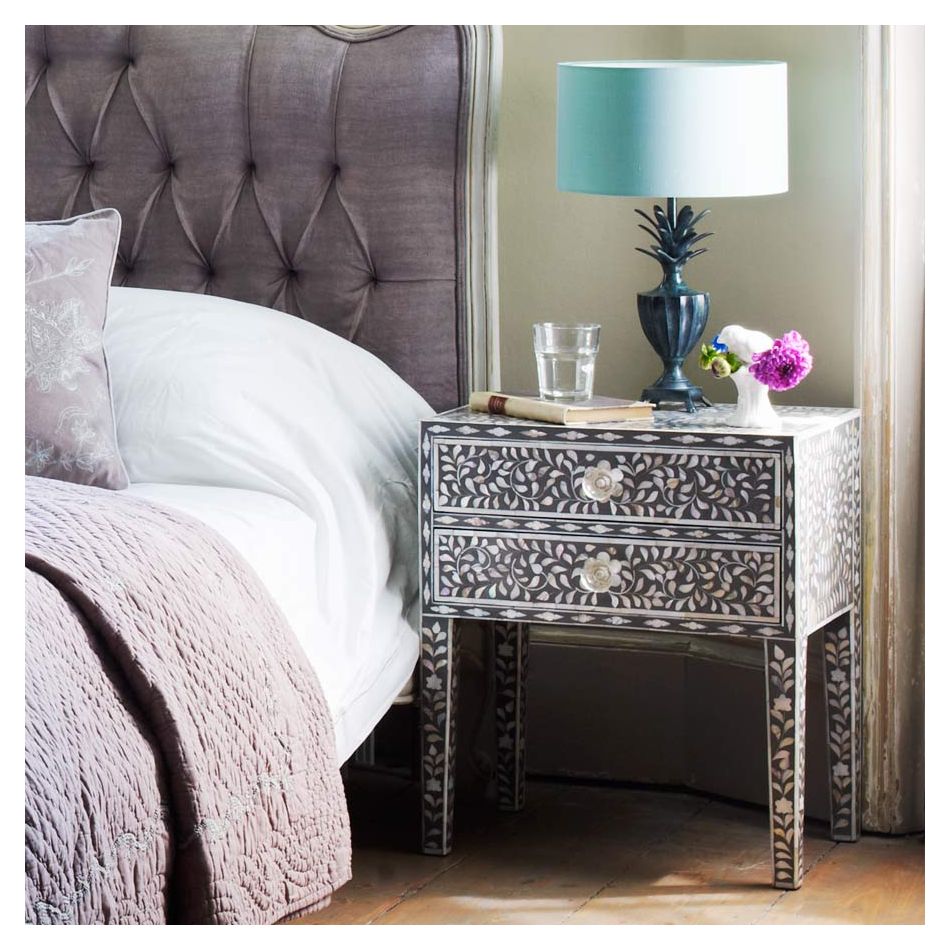Mother of Pearl Inlay Bedside Table with 2 Drawers in Grey