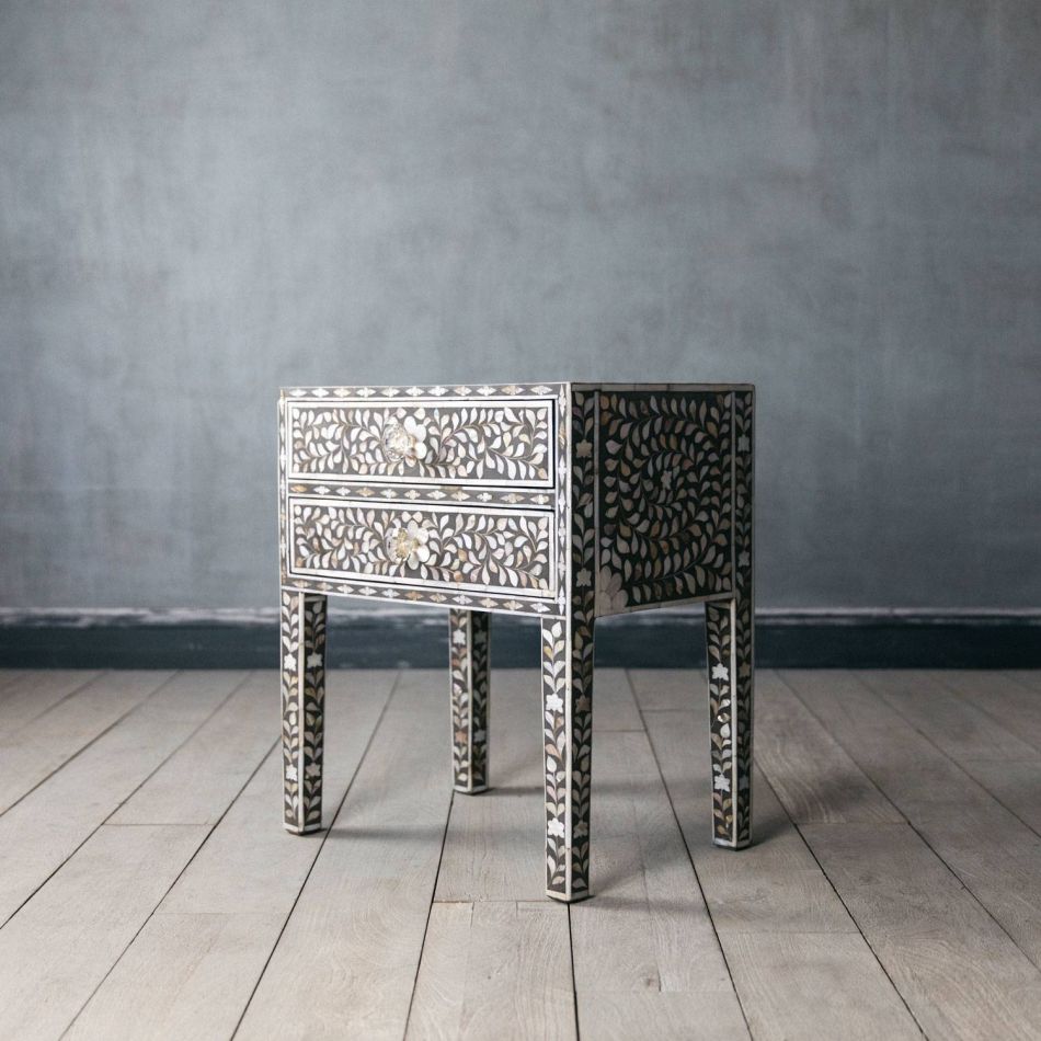 Mother of Pearl Inlay Bedside Table with 2 Drawers in Grey