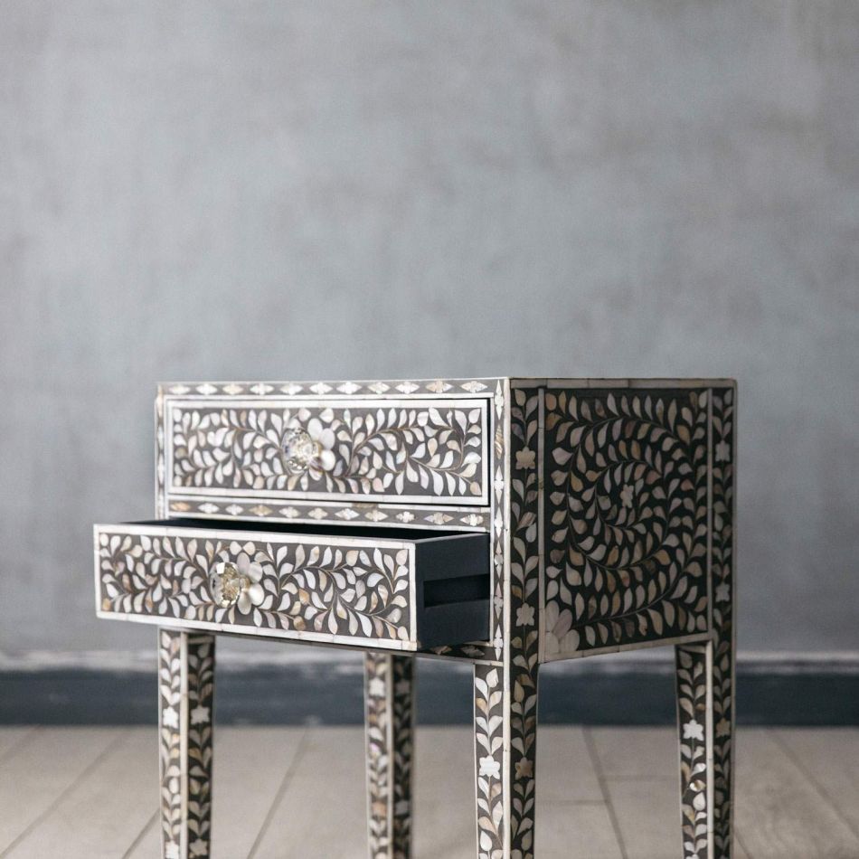 Mother of Pearl Inlay Bedside Table with 2 Drawers in Grey