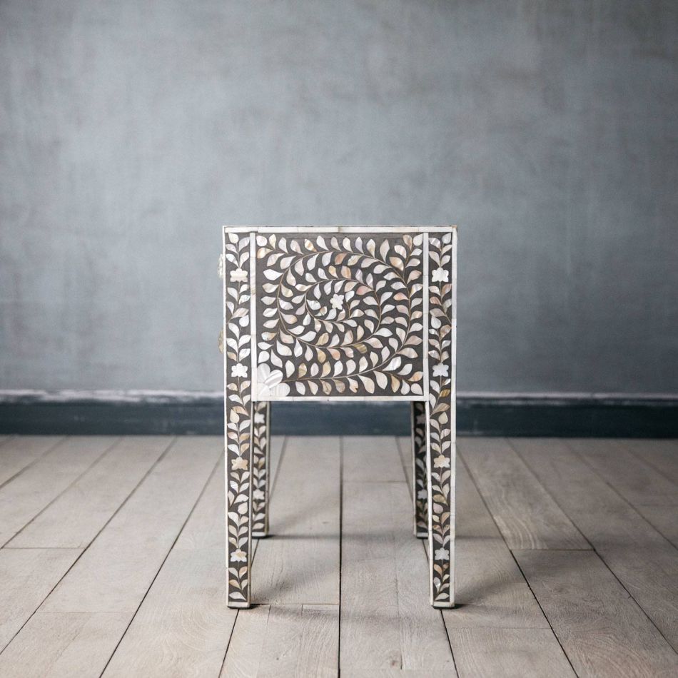 Mother of Pearl Inlay Bedside Table with 2 Drawers in Grey