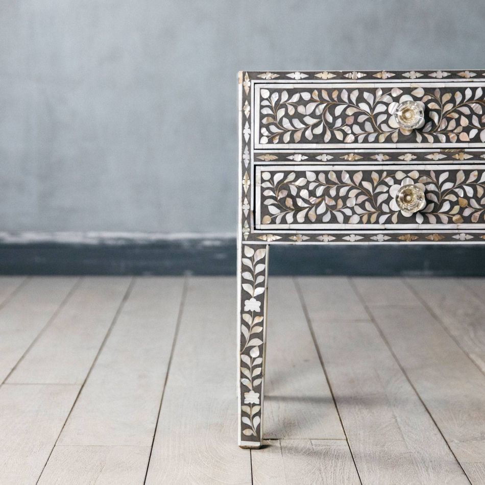 Mother of Pearl Inlay Bedside Table with 2 Drawers in Grey
