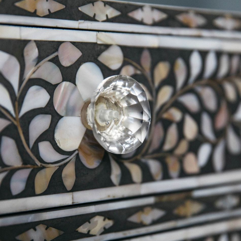 Mother of Pearl Inlay Bedside Table with 2 Drawers in Grey