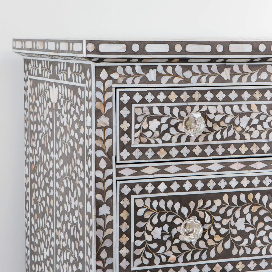 Mother of Pearl Inlay 7 Drawer Chest in Grey