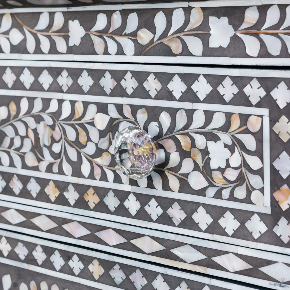 Mother of Pearl Inlay 7 Drawer Chest in Grey