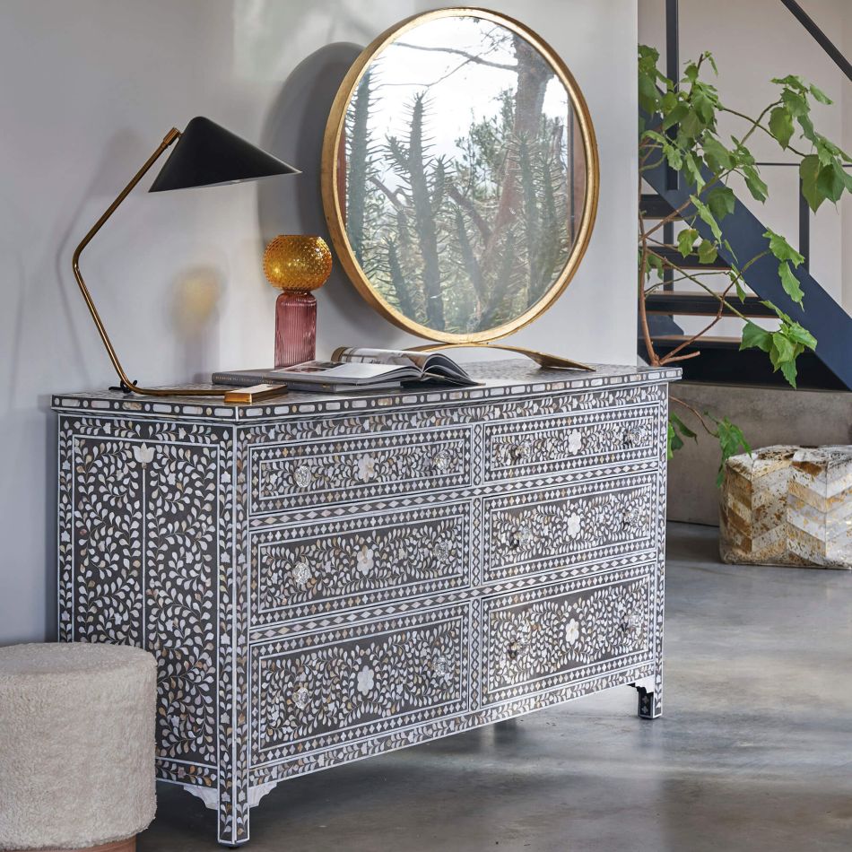Mother of Pearl Inlay 7 Drawer Chest in Grey