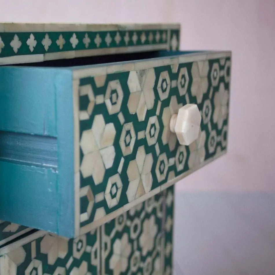 Mother of Pearl Inlay Bedside Table with 2 Drawers in Green