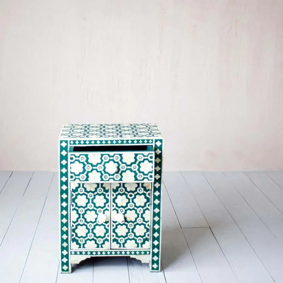 Mother of Pearl Inlay Bedside Table with 2 Drawers in Green