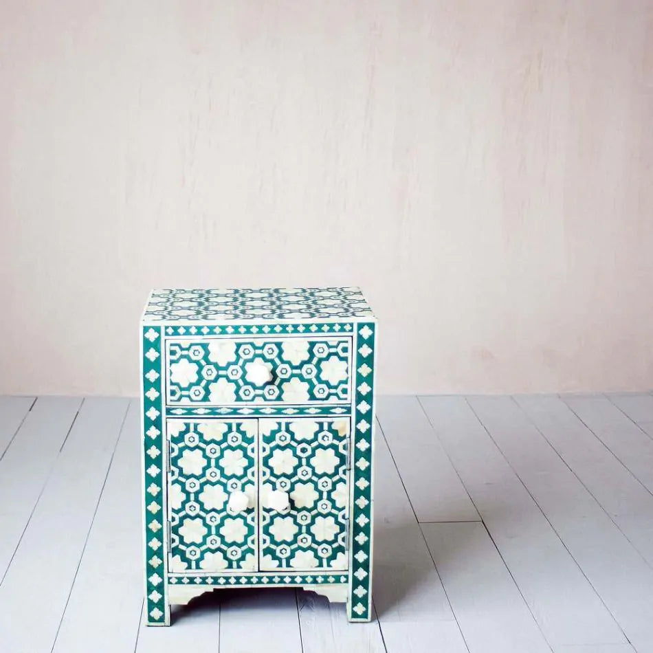 Mother of Pearl Inlay Bedside Table with 2 Drawers in Green