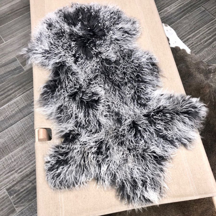 Mongolian Sheepskin Medium Rug/Throw in Grey & White
