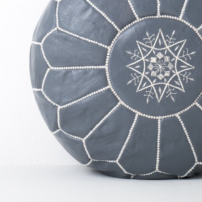 Moroccan Leather Pouffe in Grey