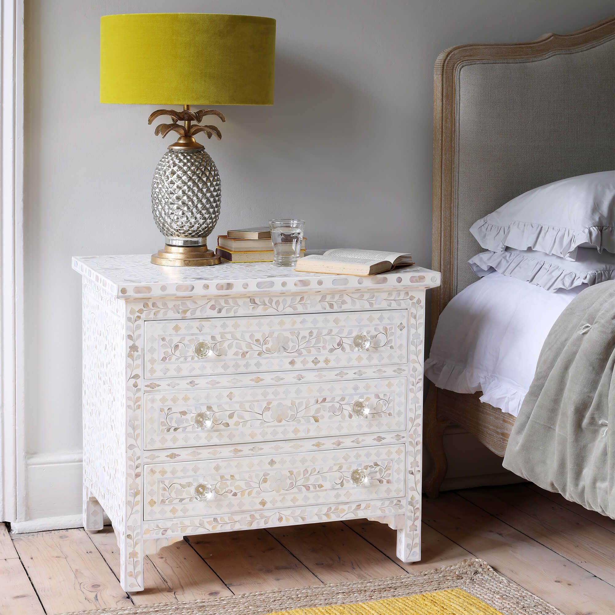 Upsized Mother of Pearl Bedside Table in White