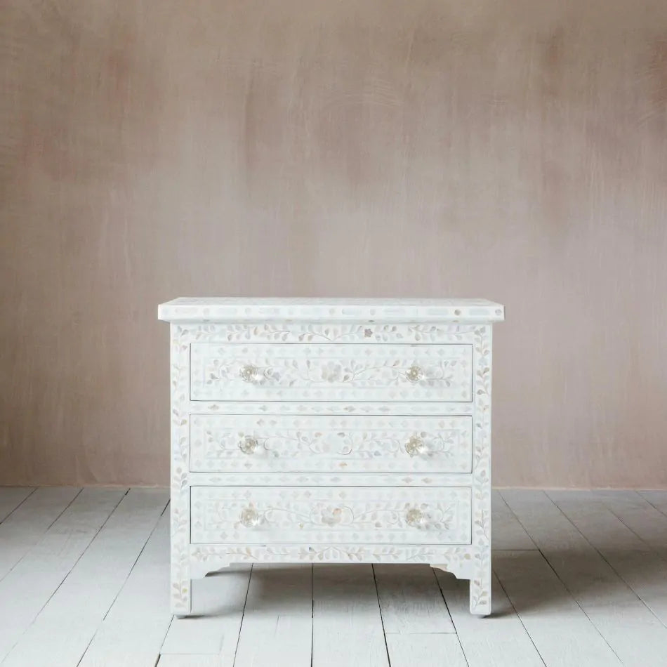 Bone Inlay Extra Large Bedside Chest in White