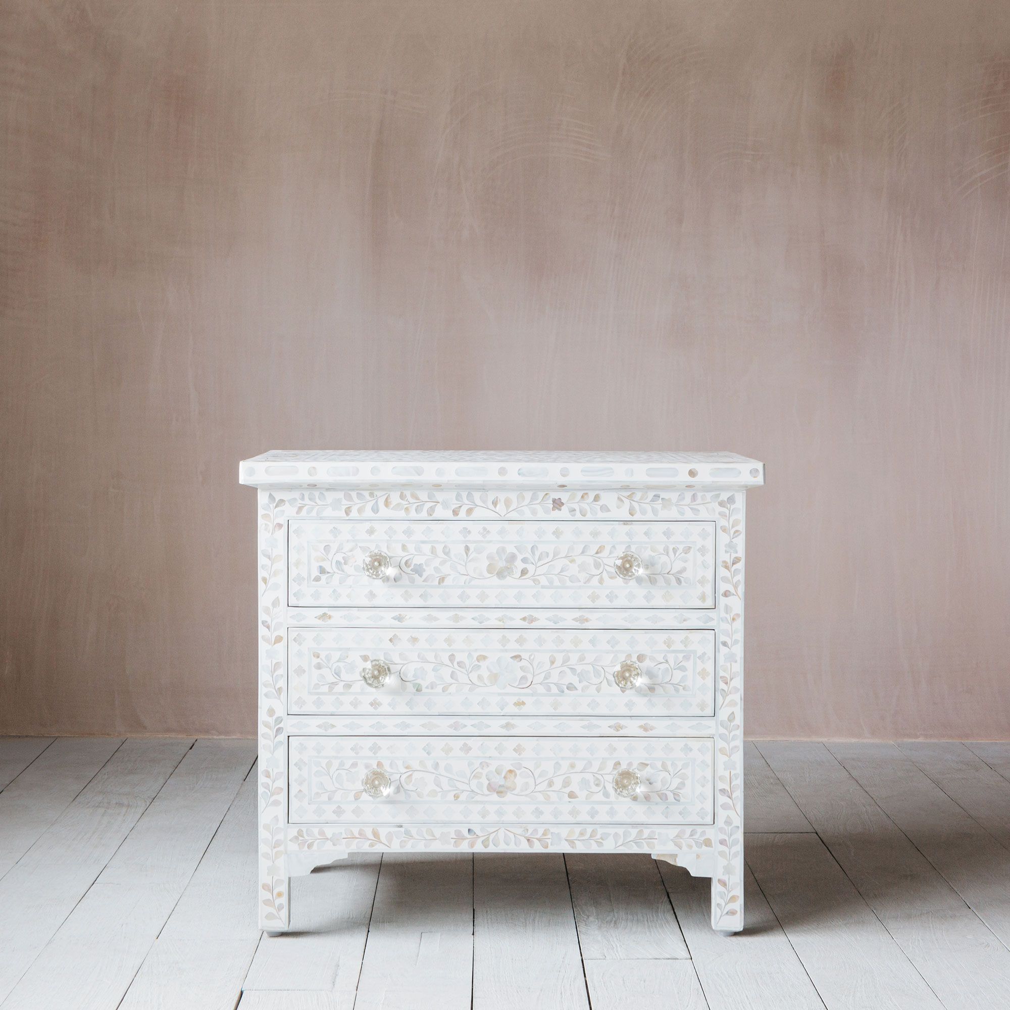 Upsized Mother of Pearl Bedside Table in White