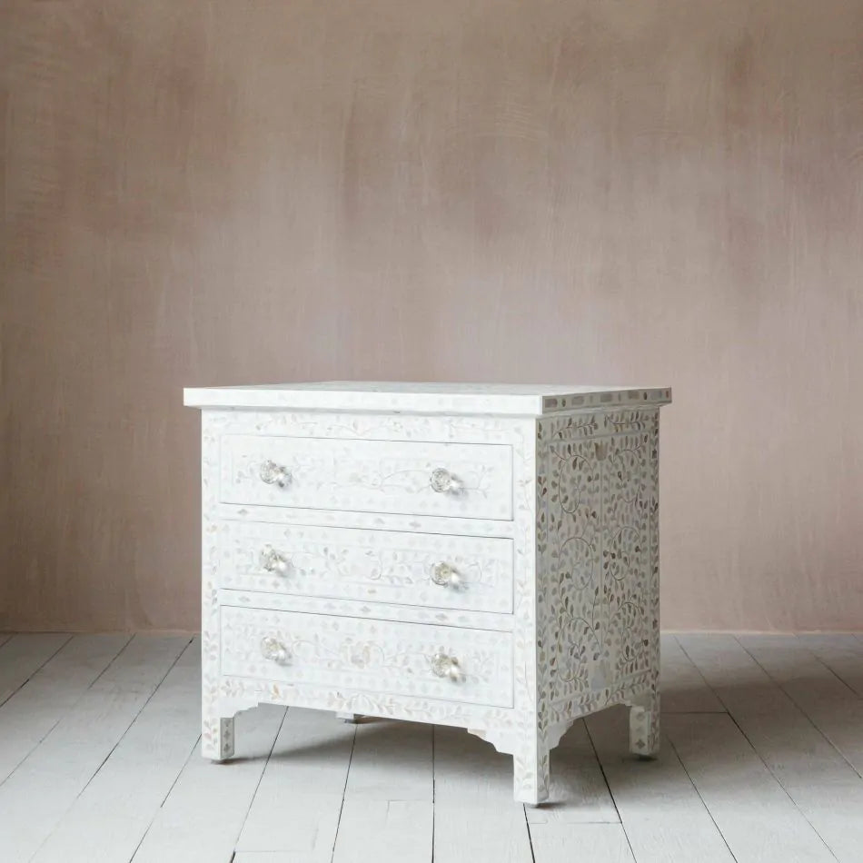Bone Inlay Extra Large Bedside Chest in White