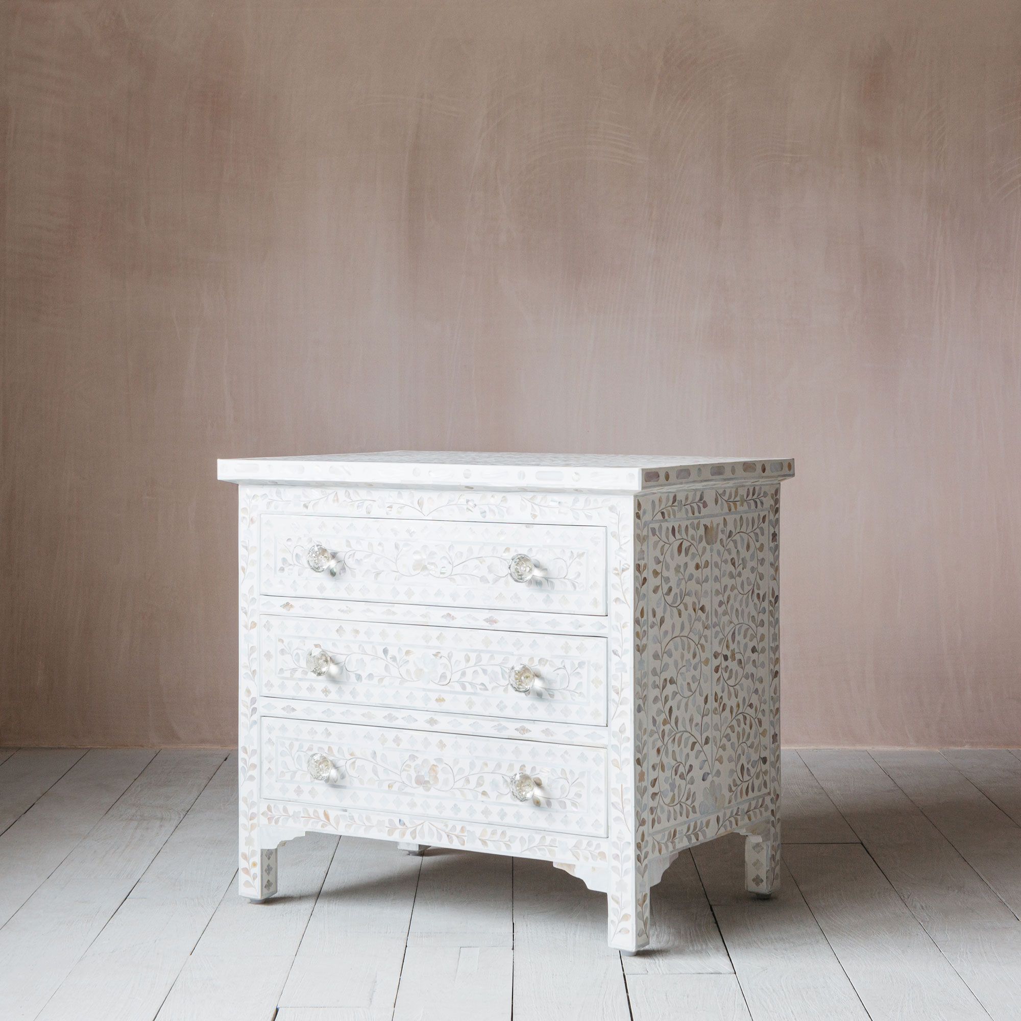 Upsized Mother of Pearl Bedside Table in White