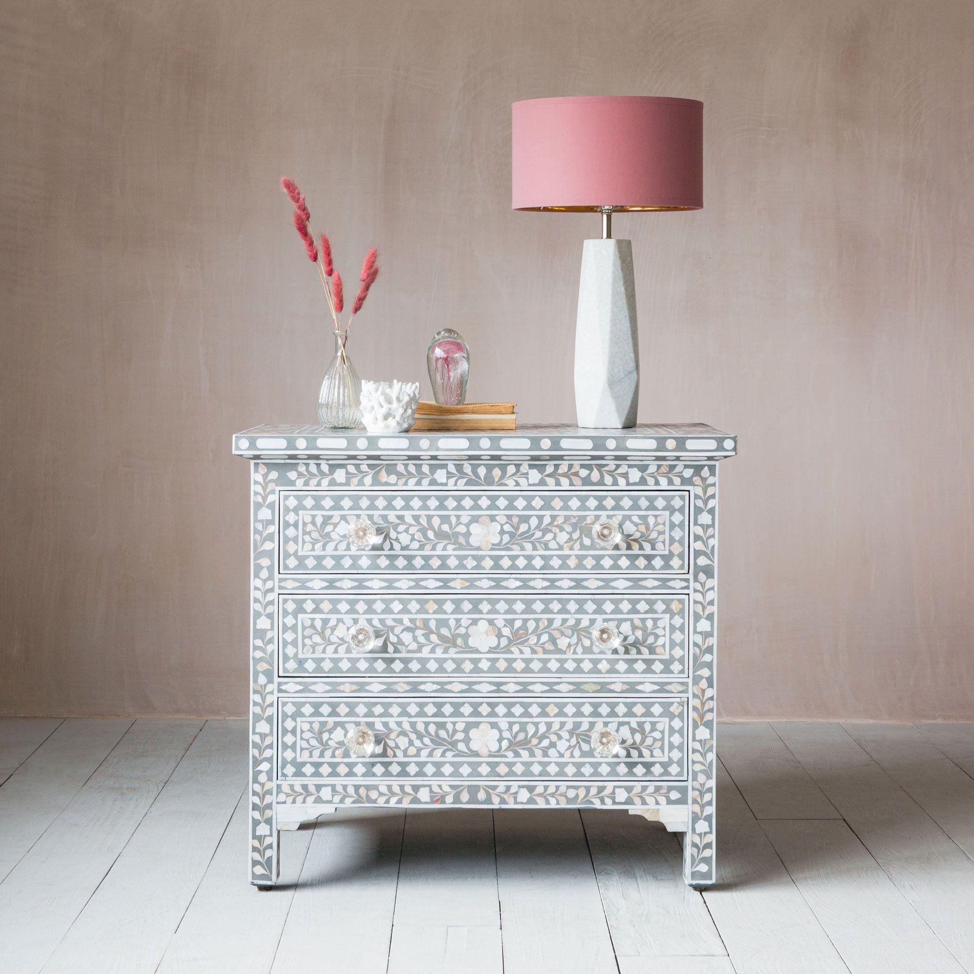 Upsized Mother of Pearl Bedside Table in Grey